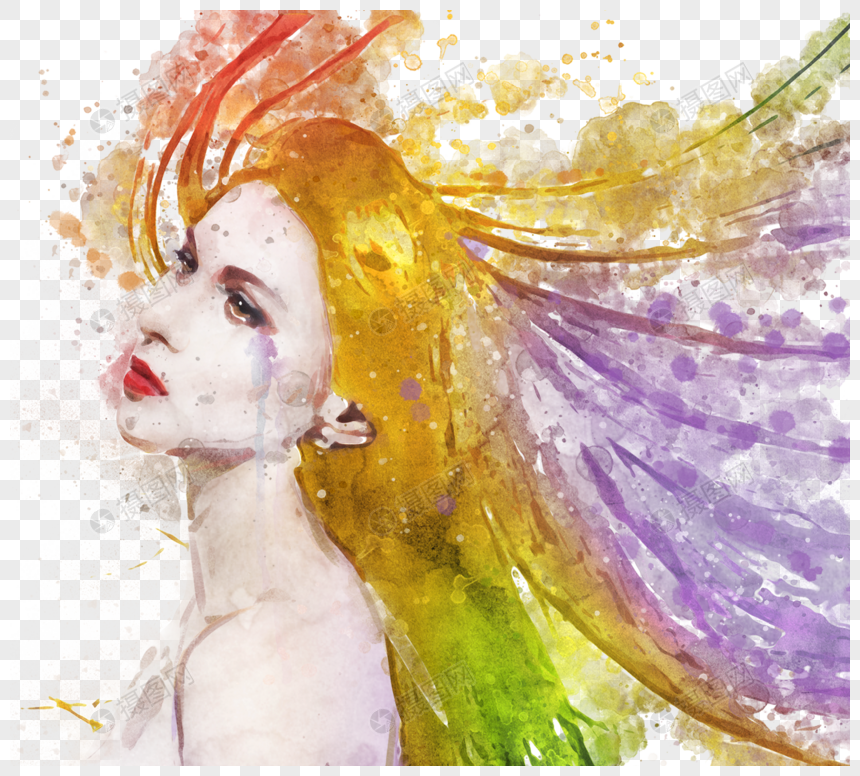 彩色水彩女人肖像喷溅手绘元素图片