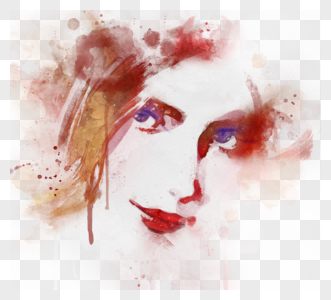 红色水彩女人脸肖像喷溅手绘元素图片