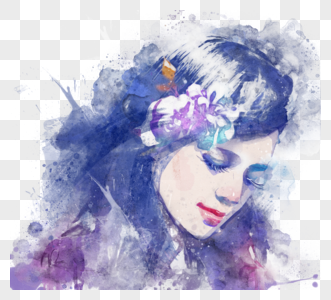 蓝色紫色水彩女人肖像喷溅手绘元素图片