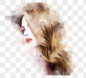 长发水彩女人肖像喷溅手绘元素图片