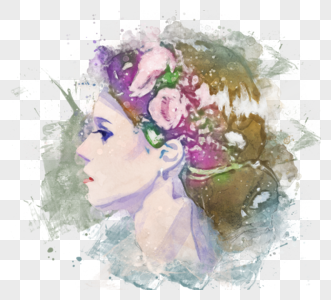 花卉水彩女人肖像喷溅手绘元素图片