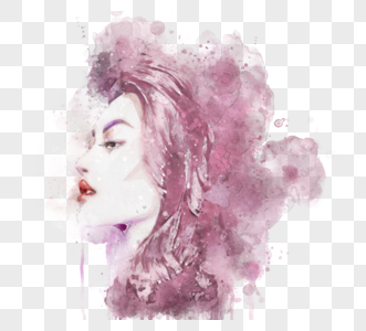 紫色水彩女人肖像喷溅手绘元素图片
