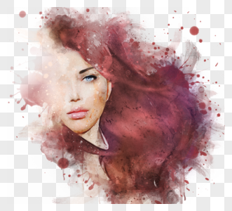 红发水彩女人肖像喷溅手绘元素图片