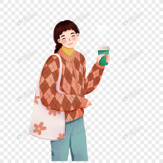 冬天喝奶茶的女孩图片