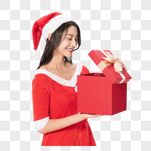 甜美清纯圣诞装扮美女拆开礼物盒图片