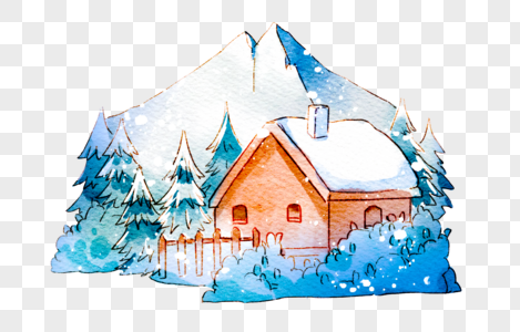 雪山下的冬日小屋水彩画图片