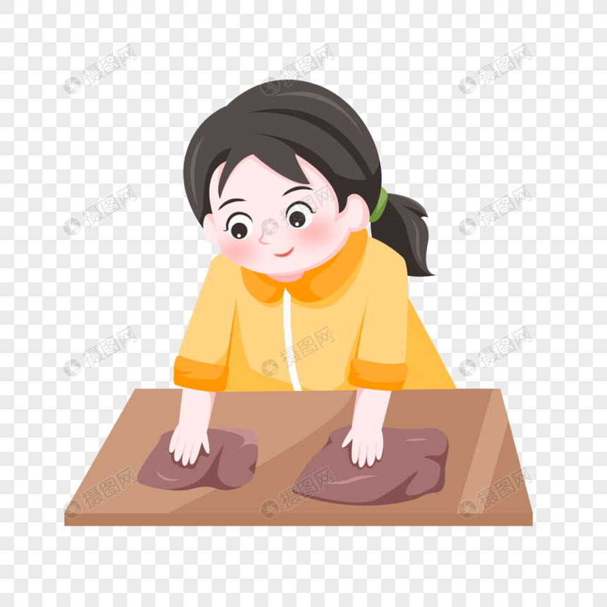 劳动节之手绘卡通擦桌子的女孩子