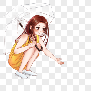 蹲着打伞的女孩图片