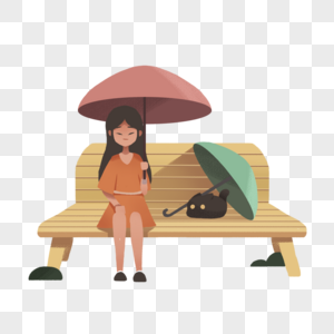 坐在长凳上打伞的女孩图片