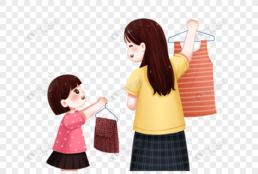 免抠元素 手绘/卡通元素 晾衣服的母女.