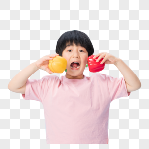 可爱小男孩拿彩色甜椒高清图片