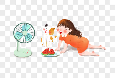 女孩与小猫居家避暑图片
