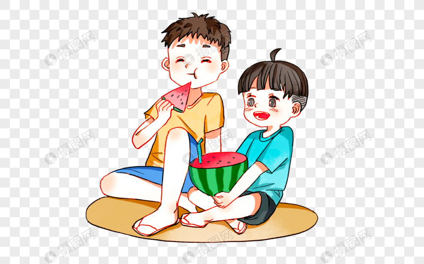 夏日童年农村吃西瓜的小朋友