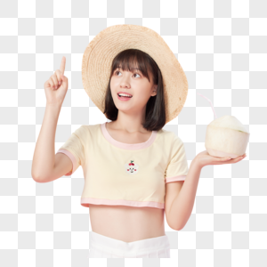 夏日清凉美女手捧椰子喝椰汁高清图片