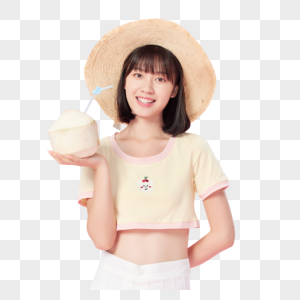 夏日清凉美女手捧椰子喝椰汁图片