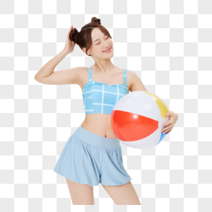 拿着沙滩排球惊讶的夏日泳装女性图片