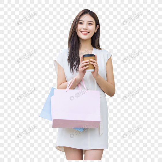 青年美女手捧咖啡逛街购物消费图片