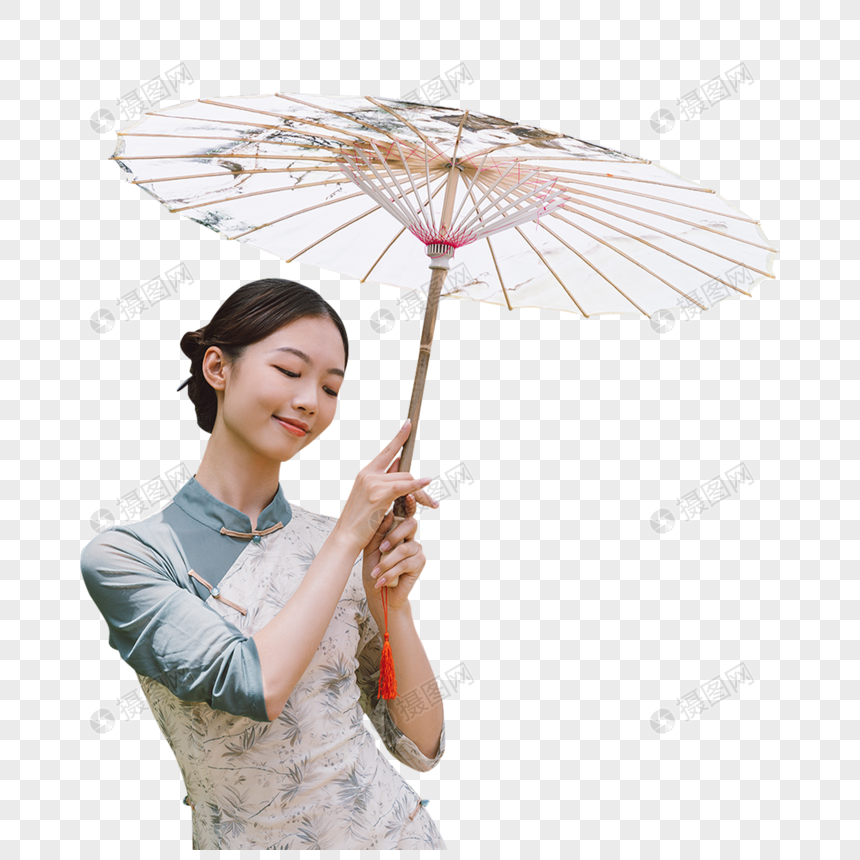 中国风庭院旗袍美女撑油纸伞跳舞图片