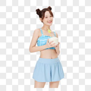 夏日海滩阳光美女手拿椰子图片