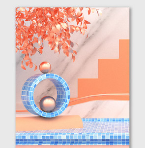橘蓝清新C4D立体夏季海报背景图片