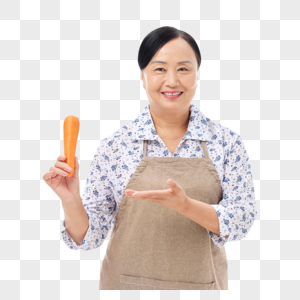 菜市场阿姨展示胡萝卜中老年高清图片素材