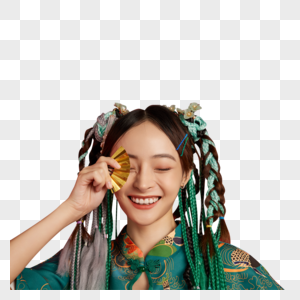 手拿小金扇子挡眼的国潮美女图片