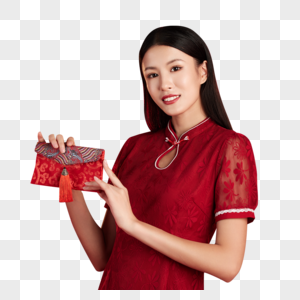 穿旗袍的年轻女子拿着新年红包图片