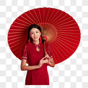 打着红色油纸伞的旗袍女子图片