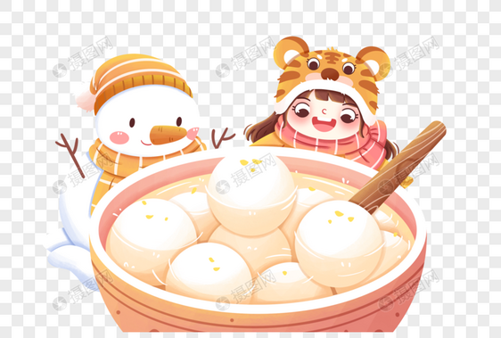 雪人和女孩吃汤圆图片