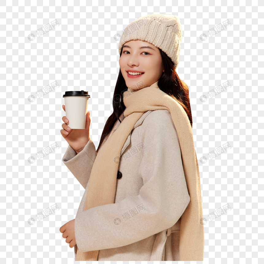 冬季美女拿着咖啡杯形象图片