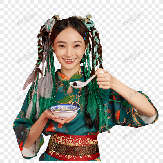 享受喝汤的国潮美女形象图片