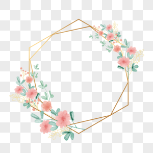 粉色花枝六边形金色花卉边框图片