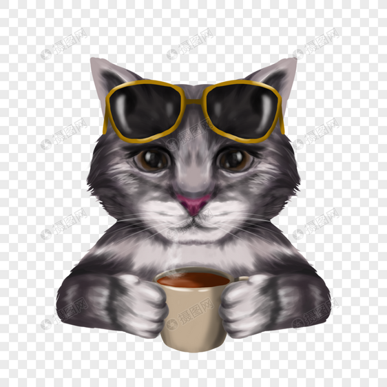 喝咖啡太阳镜猫咪肖像图片