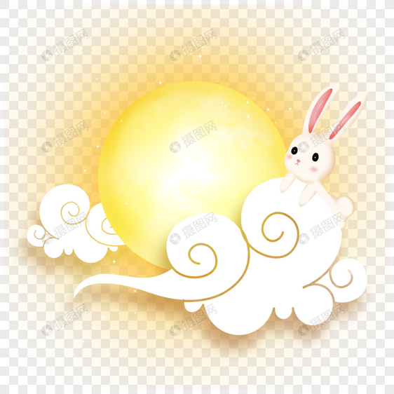 剪纸云朵上的中秋节满月兔子图片