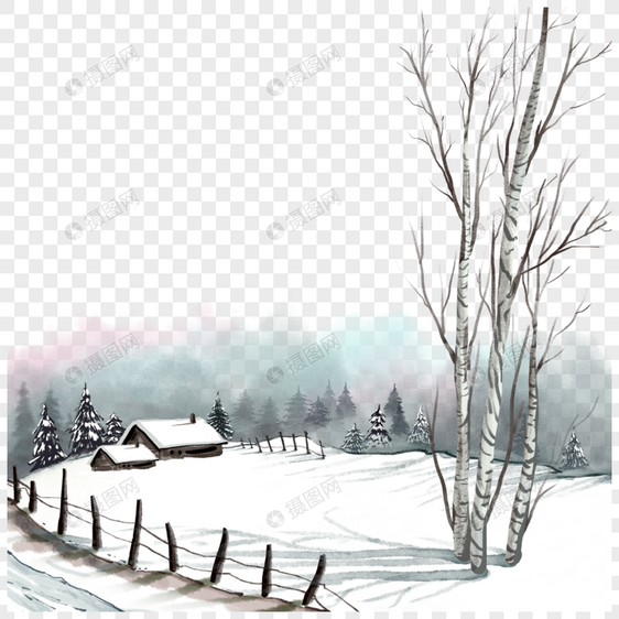 圣诞冬季暖屋水墨风景图片