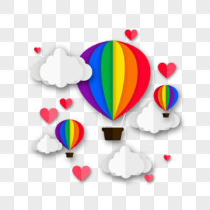 白色云朵彩虹配色剪纸热气球图片