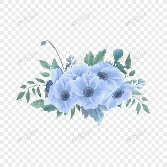 蓝色水彩婚礼花簇银莲花贺卡图片