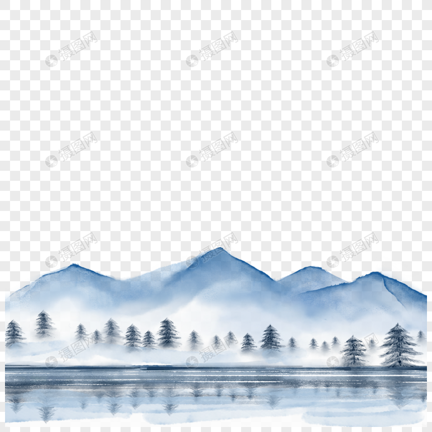 冬季镜面湖圣诞水墨风景图片