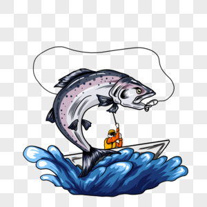 船上渔夫钓跳跃鲑鱼复古t恤纹身图案图片