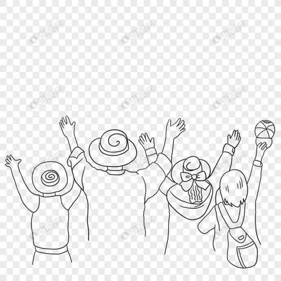 一家人戴着帽子幸福举手欢呼线条画图片
