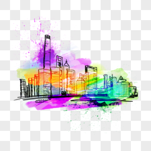 彩色喷溅笔刷水彩城市街景图片