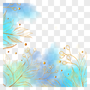 水彩晕染金线自然植物婚礼边框图片