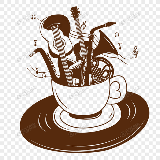 咖啡杯内怀旧西方乐器和音符图片