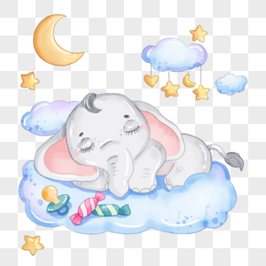 小象宝宝在云上睡觉卡通水彩画图片