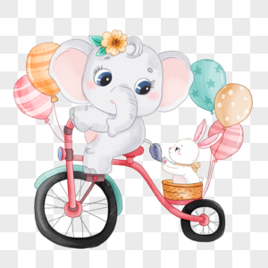 小象骑着单车带着小兔子卡通水彩画图片