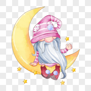 粉色帽子小矮人在月亮上玩耍图片