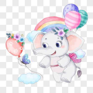 卡通天空小象绑着气球在天空中卡通水彩画素材