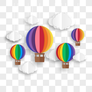 雪白云朵旁的彩虹剪纸热气球图片