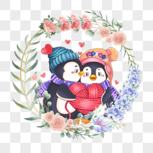 戴围巾和帽子的企鹅可爱动物情侣花卉花环图片