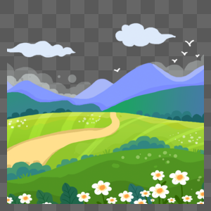 乡间小路草地和群山春季花卉风景图片